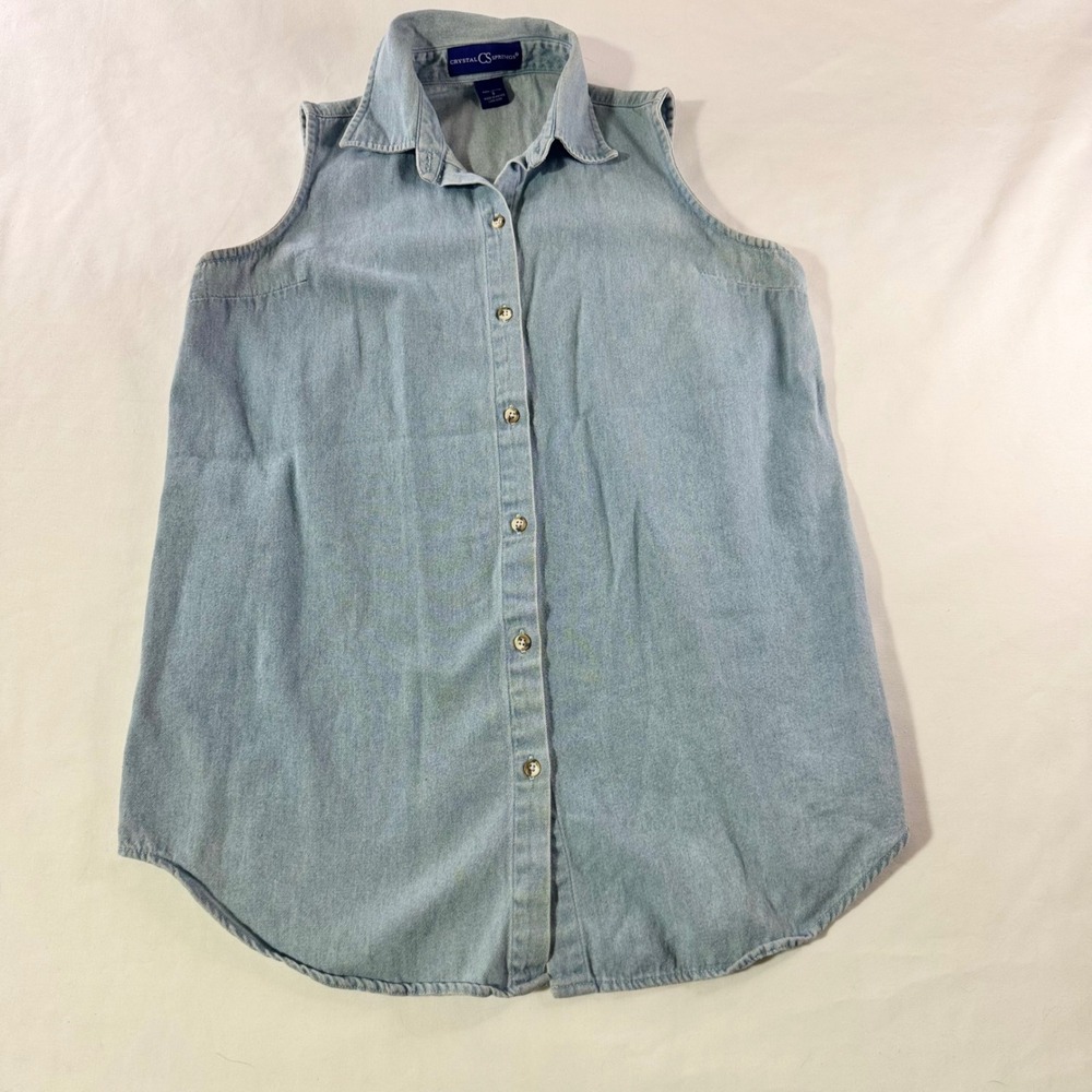 Crystal Springs Harley Davidson Sleeveless Denim Shirt Womens Small Blue Cotton